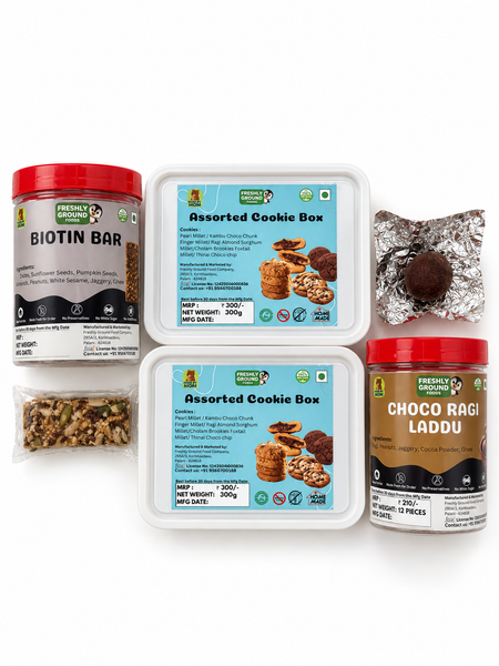 Kids’ Snack & Treat - 4 pack Combo (Assorted Cokkie 2 box , Choco Ragi Laddu	&  Biotin Bar)