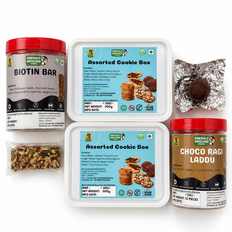 Kids’ Snack & Treat - 4 pack Combo (Assorted Cokkie 2 box , Choco Ragi Laddu	&  Biotin Bar)