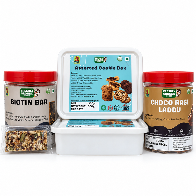 Kids’ Snack & Treat - 4 pack Combo (Assorted Cokkie 2 box , Choco Ragi Laddu	&  Biotin Bar)