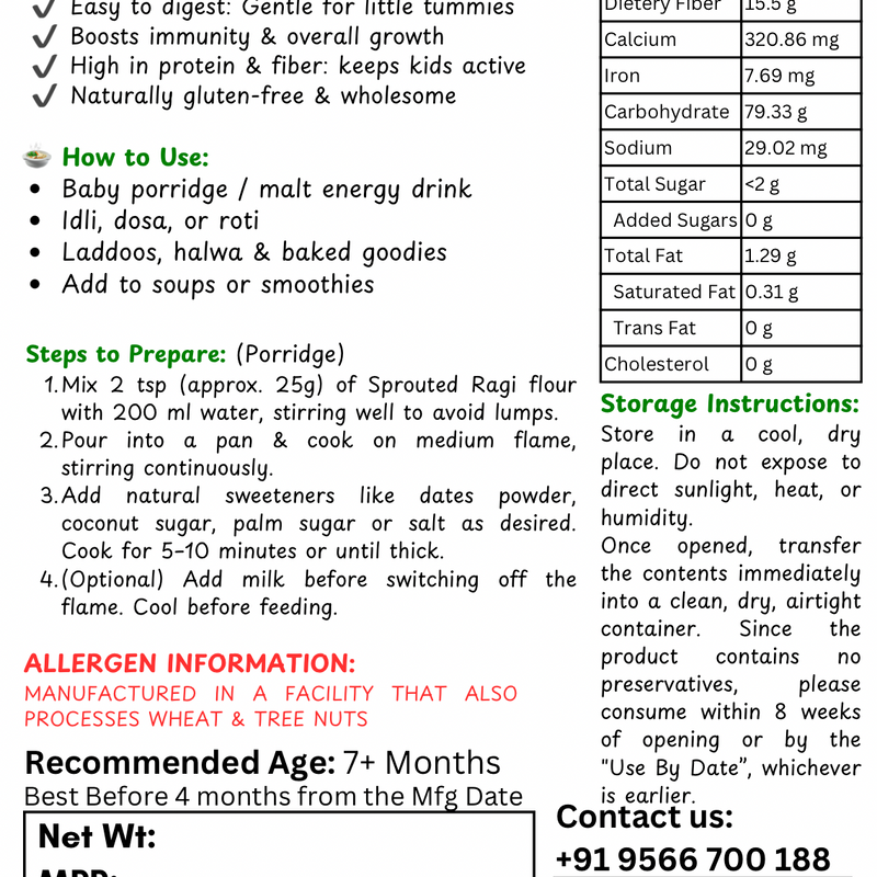Sprouted Finger Millet Flour (Ragi, 7+ Months) – Calcium, Iron & Fiber Rich for Strong Bones and Easy Digestion